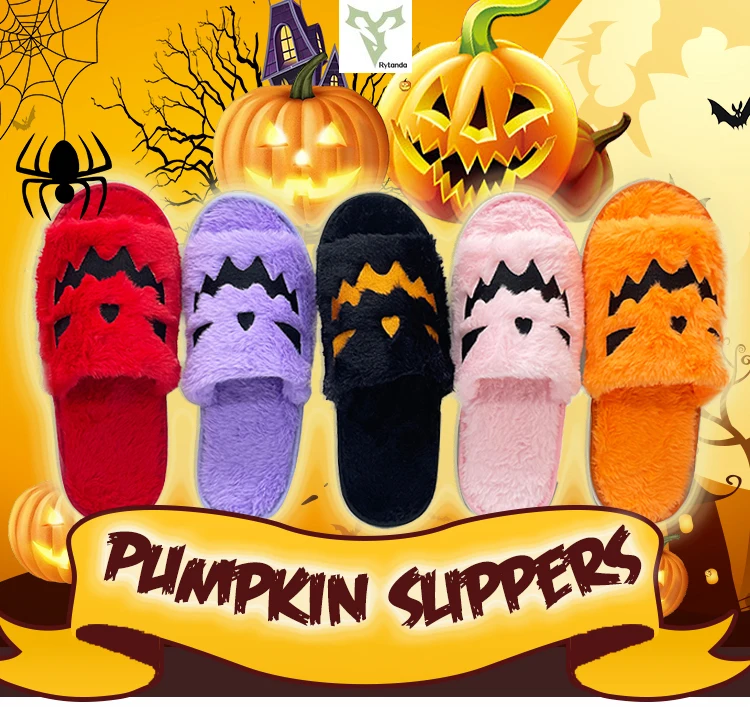 Rytanda Halloween Pumpkin Plush Slippers Pink Orange Autumn Soft Furry Comfort Outdoor Fuzzy House Plushie Pumpkin Shoes