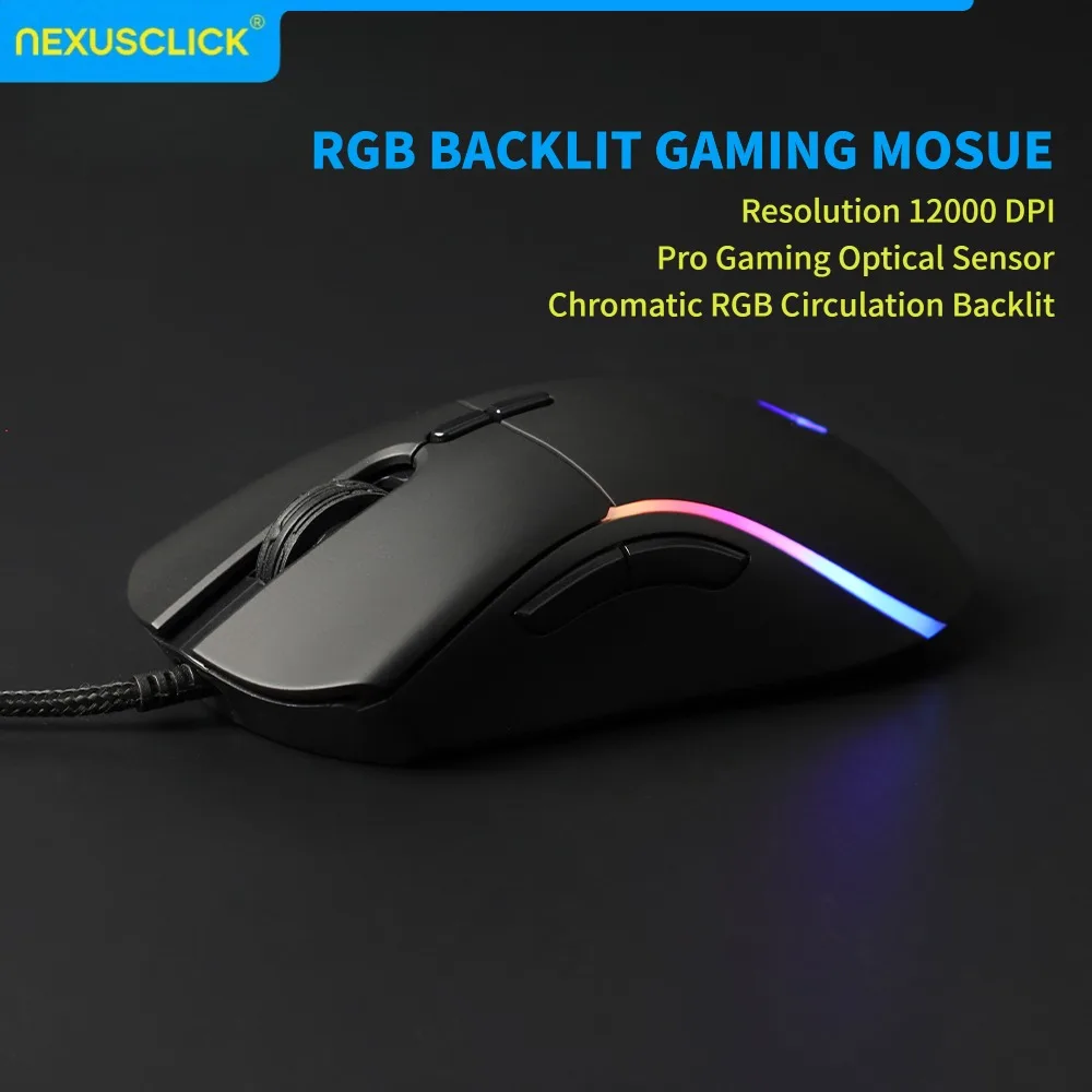 

Проводная игровая мышь NexusClick, 12000 DPI, RGB-подсветка, 6+1 кнопок, эргономичная, для правой руки, для ПК, ноутбуков, FPS, MOBA
