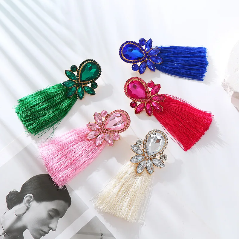 Vintage bohemian style long fringed earrings femininity versatile alloy diamond earrings Source