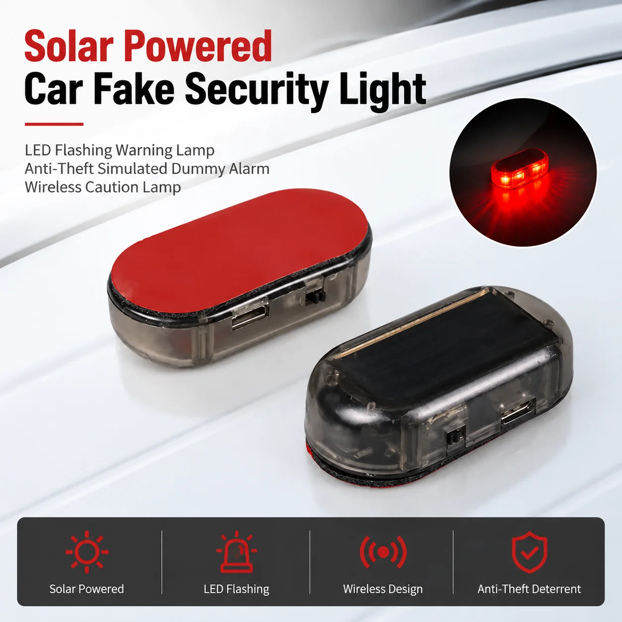 Solar Powered Car Fake Security Light LED Flashing Warning Lamp Anti-Theft Simulated Dummy Alarm Wireless Caution Caution Lamp
