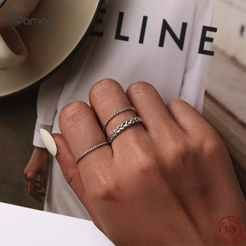 Bamoer 925 Sterling Silver prosty pleciony pierścionek dla kobiet klasyczny elegancki pierścionek do układania w stosy biżuteria ślubna akcesoria nie 925 Logo — zdjęcie 4