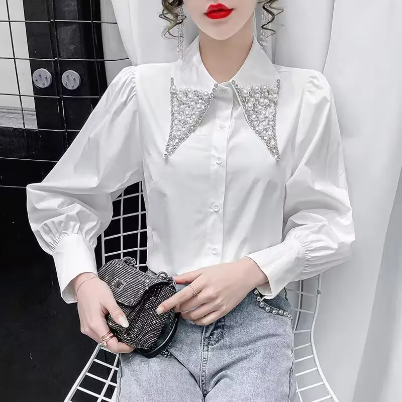 New Spring Summer Women Clothing Beading Doll Collar Shirt 2024 Vintage Blouse Women Longsleeve Dress Shirt Size Woman Overshirt