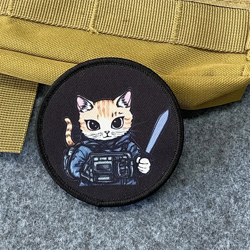 Cute Cat Warrior Print Patch Military Tactical Badge Kitten with Sword Hook and Loop Appliques for Clothes Backpack Patches