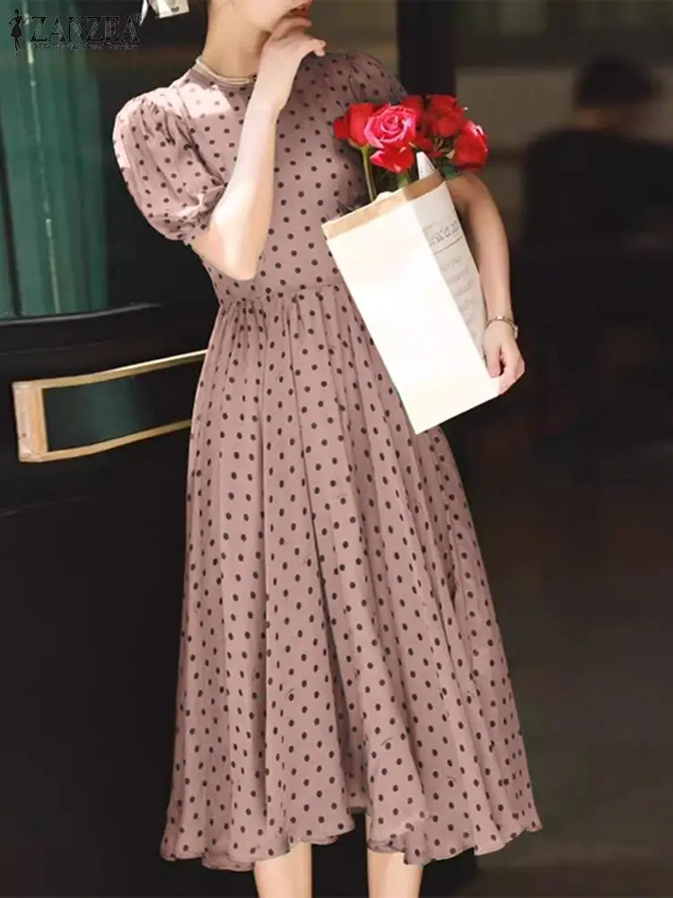 ZANZEA-vestido Midi de satén con estampado de lunares para mujer, abullonada elegante vestido de manga corta, bata de fiesta coreana Vintage, Vestidos de línea a con cintura colectora