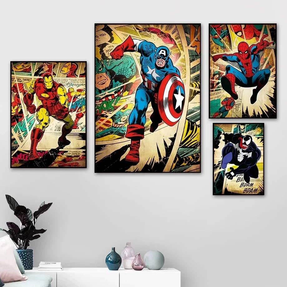 Miniso Disney Marvel Comic Painting Spiderman Hulk Iron Man Avengers Canvas Retro Poster Wall Art Picture Living Room Home Decor