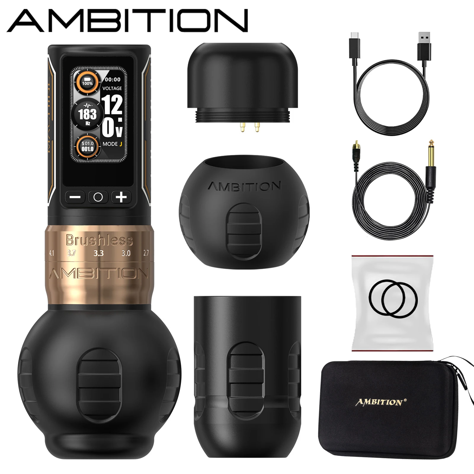 

Ambition Ninja Max 280 Wireless Tattoo Machine Adjustable Stroke 2.4mm-4.5mm Grip 54mm+34mm Brushless Motor 2400mAh Battery Pen