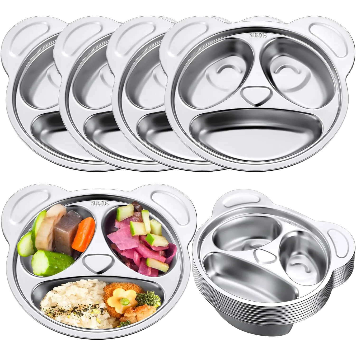 Stainless Steel Plates,3 Sections Unbreakable Stainless Steel Plates for Cute Panda Shape Compartment Plates for Picky Eaters, L