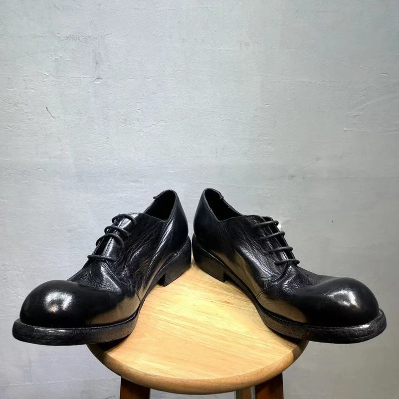 Real Leather Goodyear-Vintage Washing Water Men's Leather Shoes Thick Manual Casual Low Top Derby Shoe Men Shoes