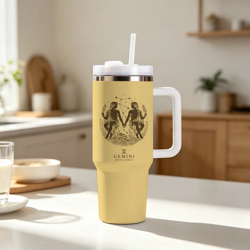 Gemini Zodiac Sign Print Vacuum Flasks 40oz 1200ML Insulated Tumbler With Handle & Straw Double Wall Thermal Travel Coffee Mug R