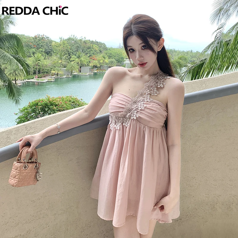 

REDDACHiC Wedding Bridesmaid Corset Mini Dress Women Asymmetric Lace One Shoulder Shirring Desire One-piece Party Formal Clothes