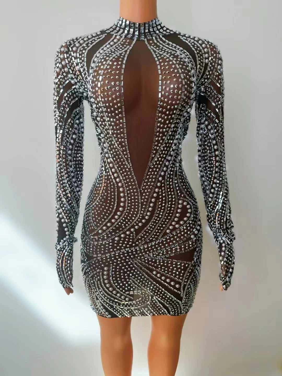 Shiny Rhinestones Pearls Short Dress ForWomen Luxury Sexy Long Sleeve MeshTransparent Evening Prom Birthday Gowns StageWear A705