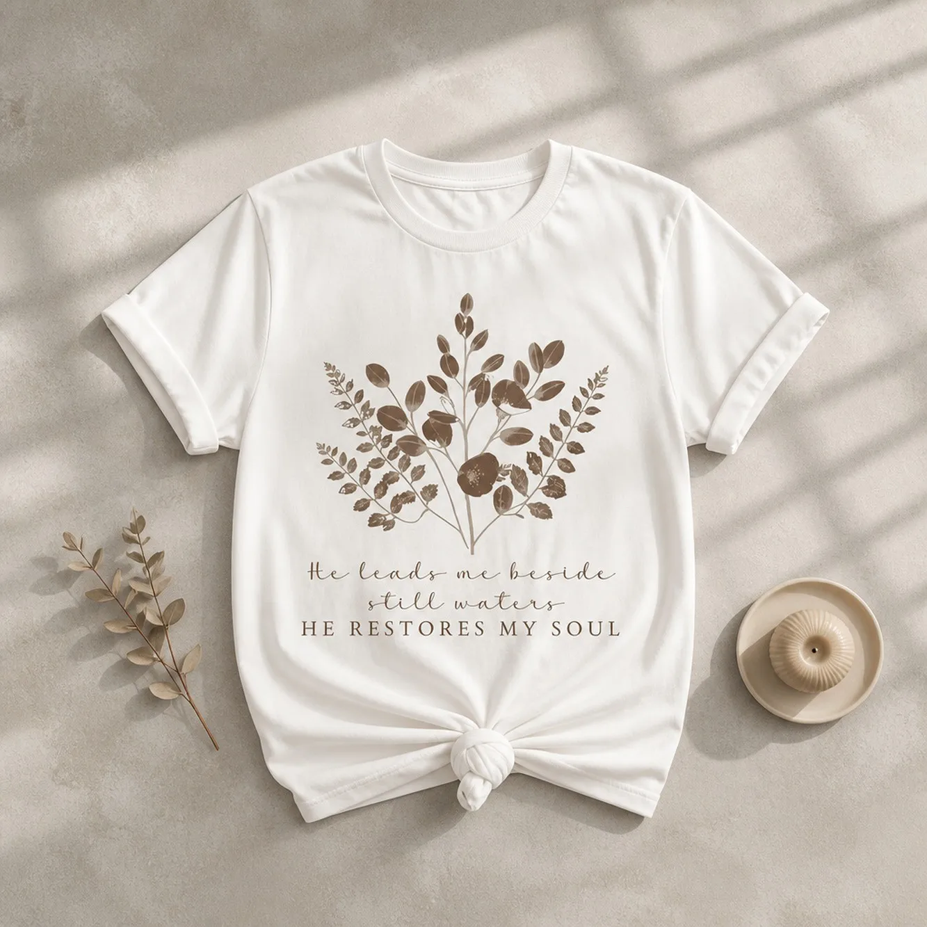 He Leads Me Beside Still Waters T- Shirt, Christian T Shirt For Women, Floral Bible Verse Tee, Faith Based Jesus Apparel, Religious Gift