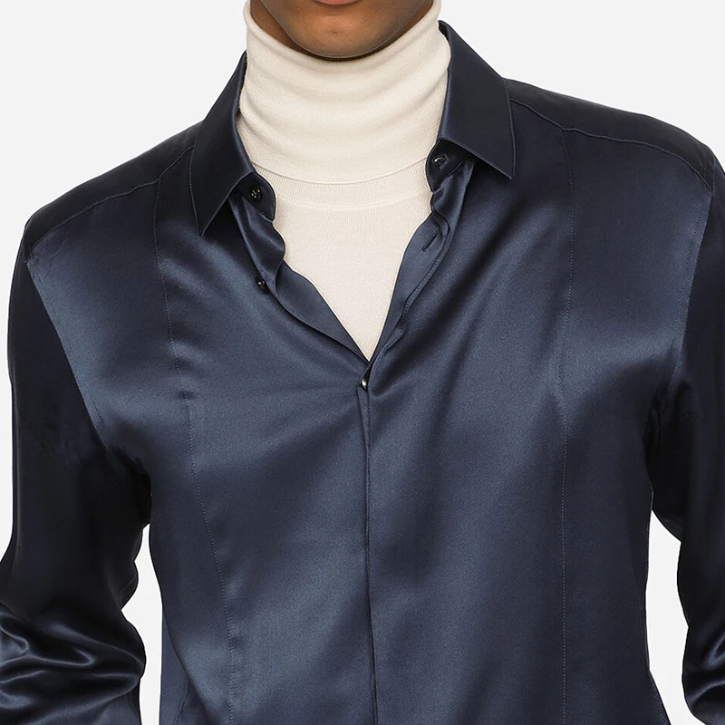 High quality natural mulberry silk men\'s shirt classic fashion elegant style silk long sleeved shirt for men