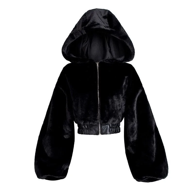 Y2k Jaket Bulu Palsu Lembut Wanita Jaket Crop Musim Gugur Musim Dingin Jaket Ritsleting Pakaian Jalanan Lengan Panjang Hitam Mantel Bulu Hangat Atasan Bertudung
