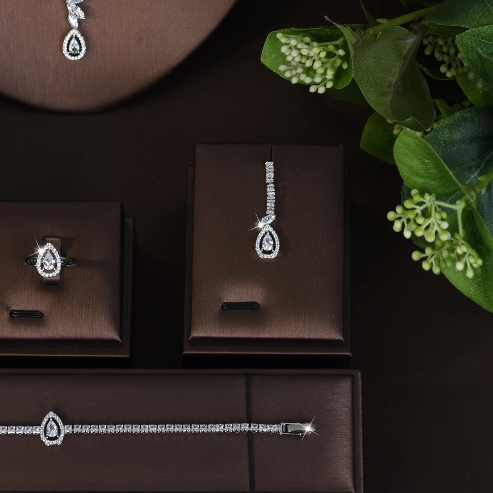 

HIBRIDE New Hot Selling Water Drop Shape Elegant Necklace Earrings Bracelet 4 Piece Set of Jewelry Women Prom Wedding Gift S-835