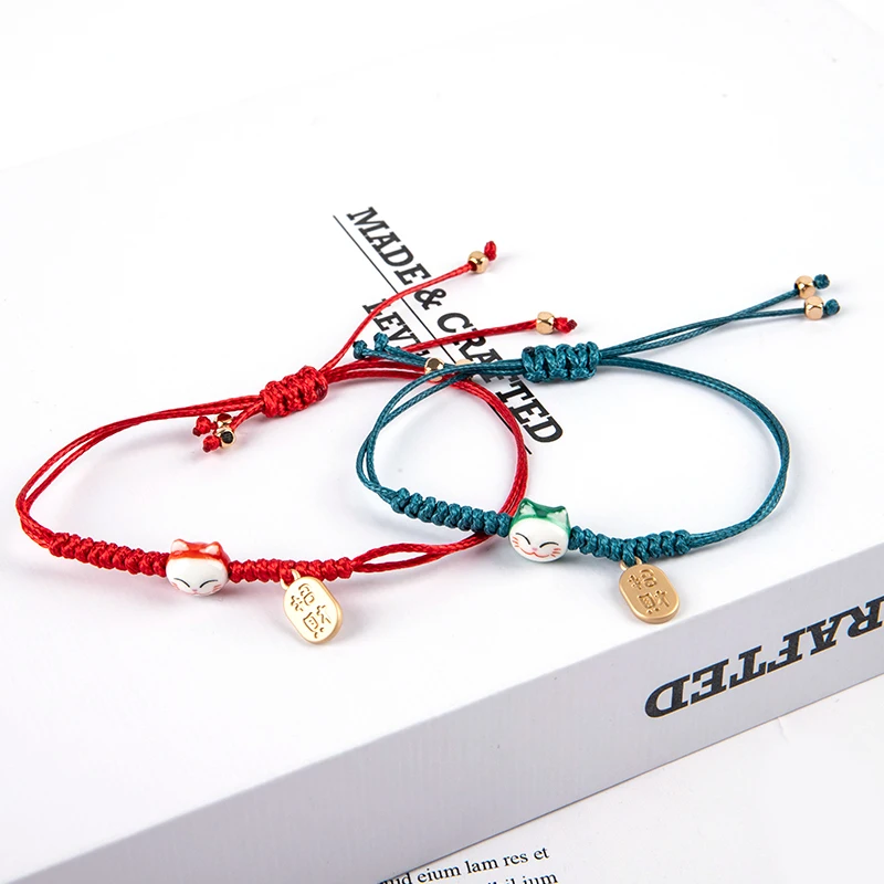 Handmade Colorful Rope Lucky Cat Bracelet For Women Girls Birthday Gifts Charm Tassel Fashion Maneki Neko Couple Bangles