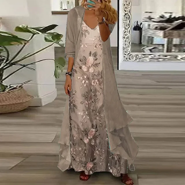 Szyfonowy kardigan z nadrukiem w stylu vintage 2-częściowa sukienka na ramiączkach elegancka jesienna pół rękawa drapowane suknie wieczorowe damski garnitur 2024 nowość