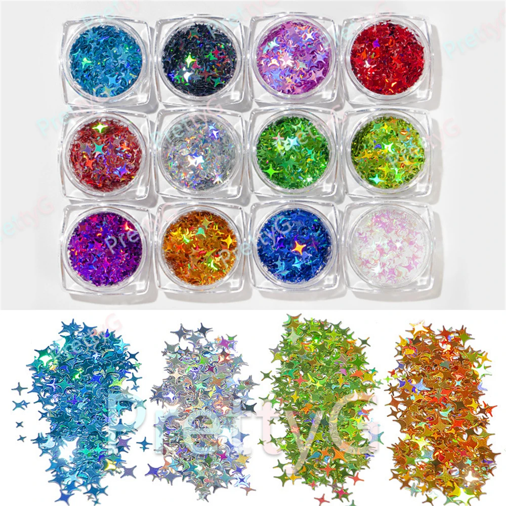 PrettyG 1 Set 12Color Box Mix Four-pointed Star Sequin Glitter Shape Holographic Color Glitter For Resin DIY Nail Art Decoration