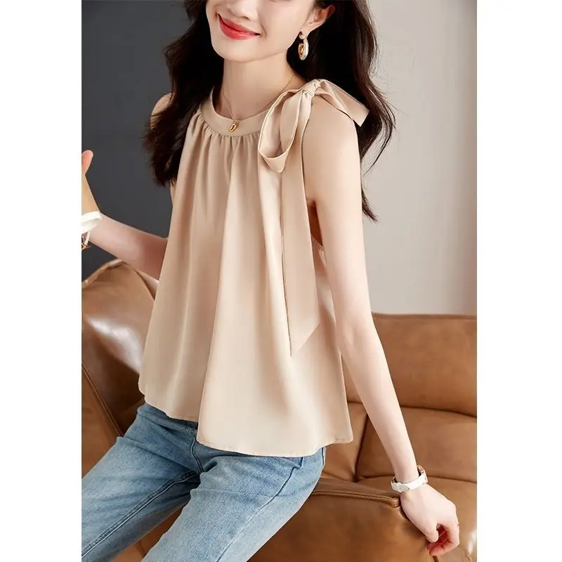 Fashion Chiffon Shirt Tops Summer New Sleeveless Solid Color Bandage Solid Loose Sweet Blouse Elegant Temperament Women Clothing