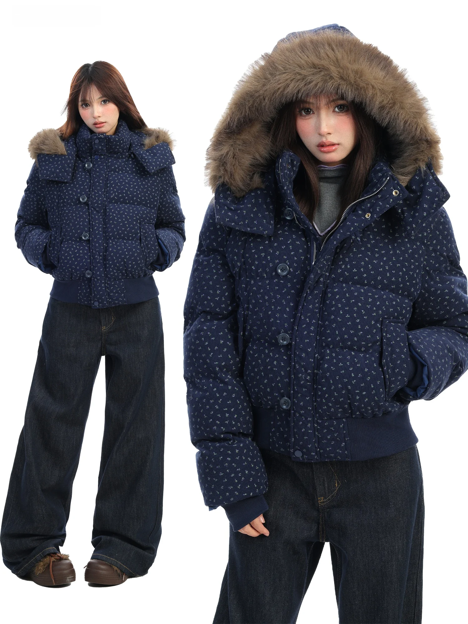 

Thiened Floral Print Cotton Jaet Women's Winter Coat with Large Fur Collar Hooded Bread Sle Warm Casual Outerwear