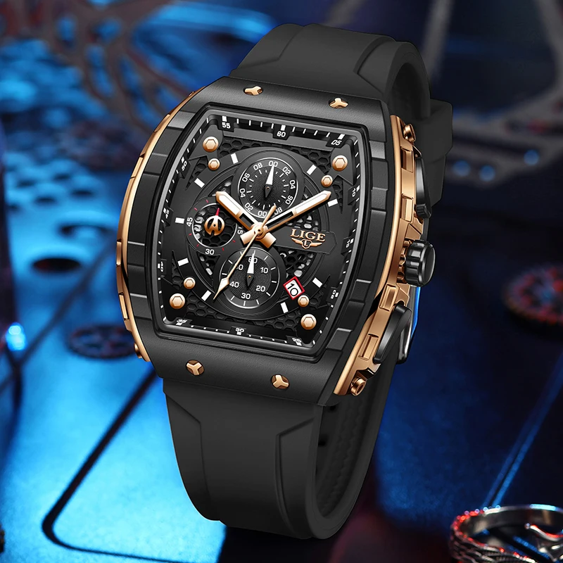 LIGE Military Sport Men Watch Fashion Silicone Waterproof Quartz Wrist Watches For Men Original Brand Luxury Square Chronograph
