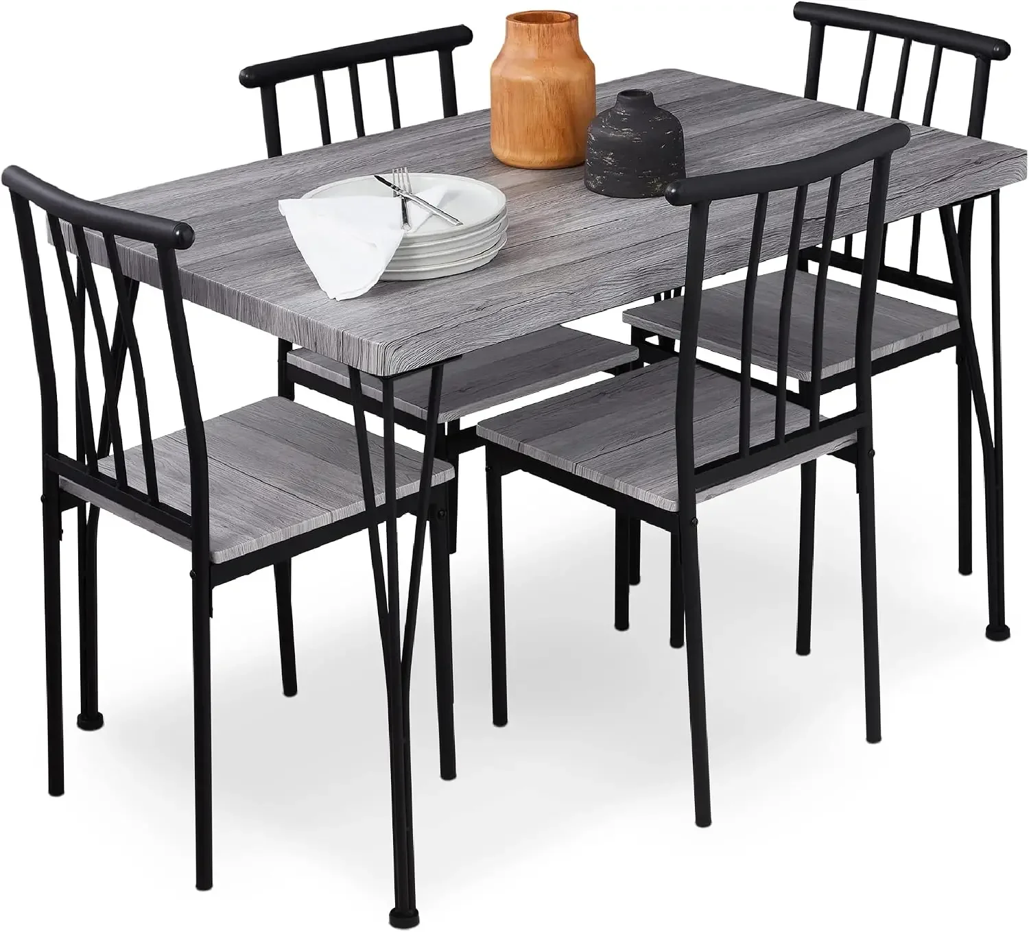 5-Piece Metal and Wood Indoor Modern Rectangular Dining Table Furniture Set for Kitchen, Dining Room, Dinette, Breakfast Nook w/