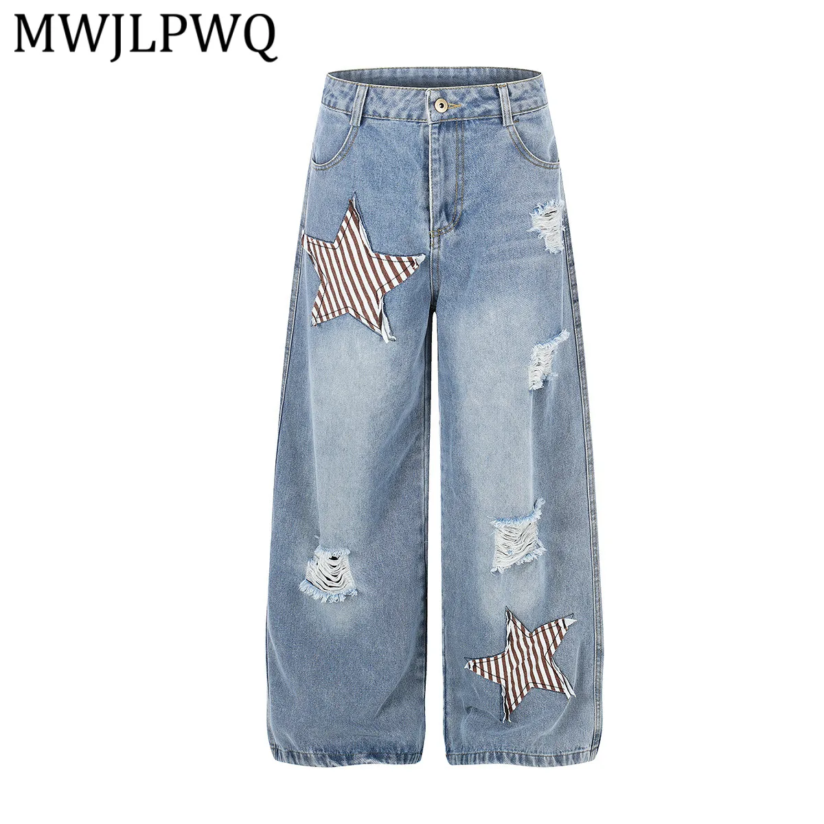 

MWJLPWQ American Retro Street Style Washed Ripped Jeans Unique Design Featuring Embroidery Design Trendy Cool Trousers New 6667