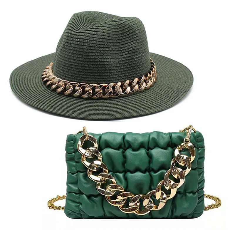 Set Straw Hat and Bag Set Gold Chain Bag Hat Set Ladies Leather Bag Tote Church Fedora Party Jazz Straw Hat