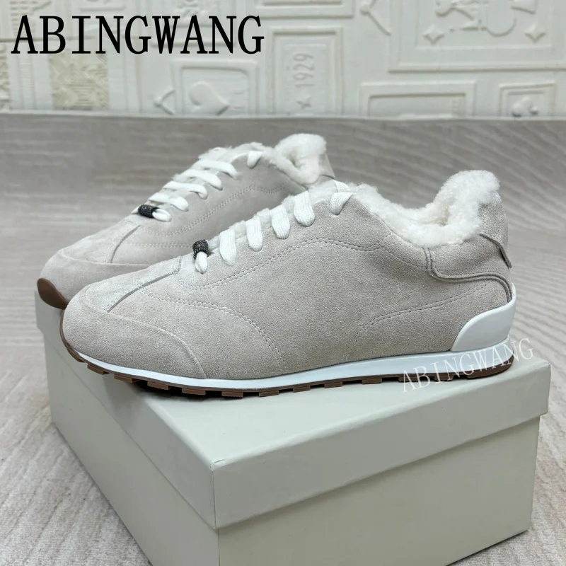 2025 inverno novas mulheres camurça retalhos dentro de pele tênis planos sola grossa sapatos casuais quentes dedo do pé redondo rendas até tênis casuais