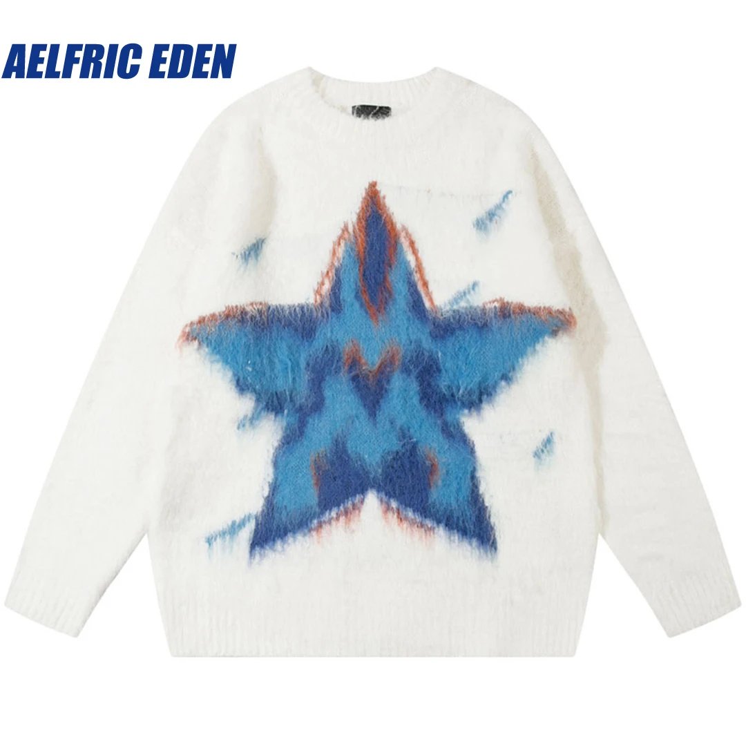 

Aelfric Eden Knitted Graphic Fluffy Fuzzy Jumper Y2K Harajuku Hip Hop Star Sweater Streetwear Men Loose Pullover Casual Knitwear