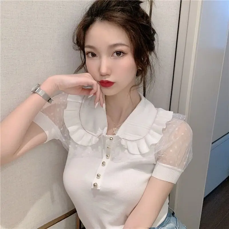 

Fashionable Doll Collar Knitted Short-sleeved T-shirt for Women 2025 New Summer Mesh Splicing Top