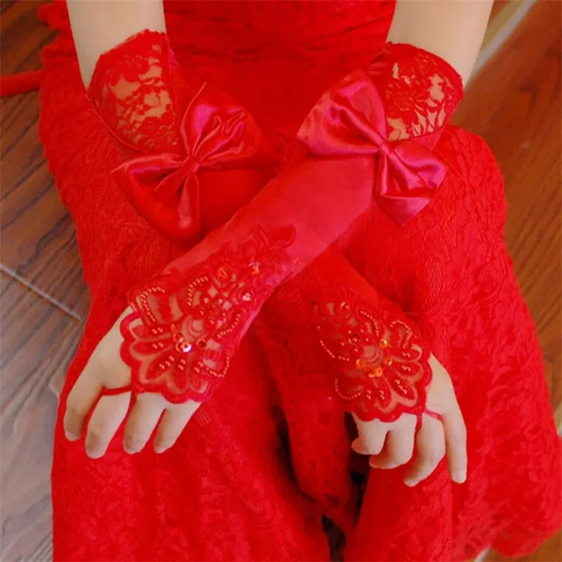 Gants en satin à paillettes en dentelle sans doigts pour femmes avec nœud papillon, gants de fête pour patients, gants de mariée et de mariage