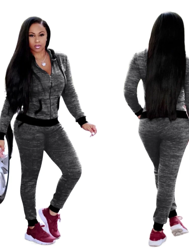 

Spring Autumn Women's New Fashion Zipper Solid Color Long Sleeve Sports Set Long Pants Two Piece Set