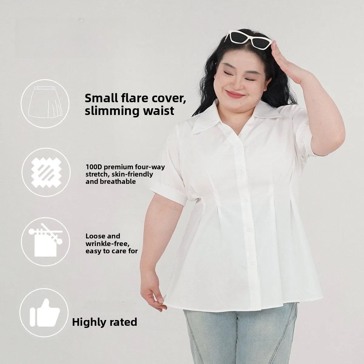 

Slimming Effect Casual Shirt plus Size for Plump Women Daily Wear Waist Cinching Shirt Polyester Fiber Short Sleeve Button up