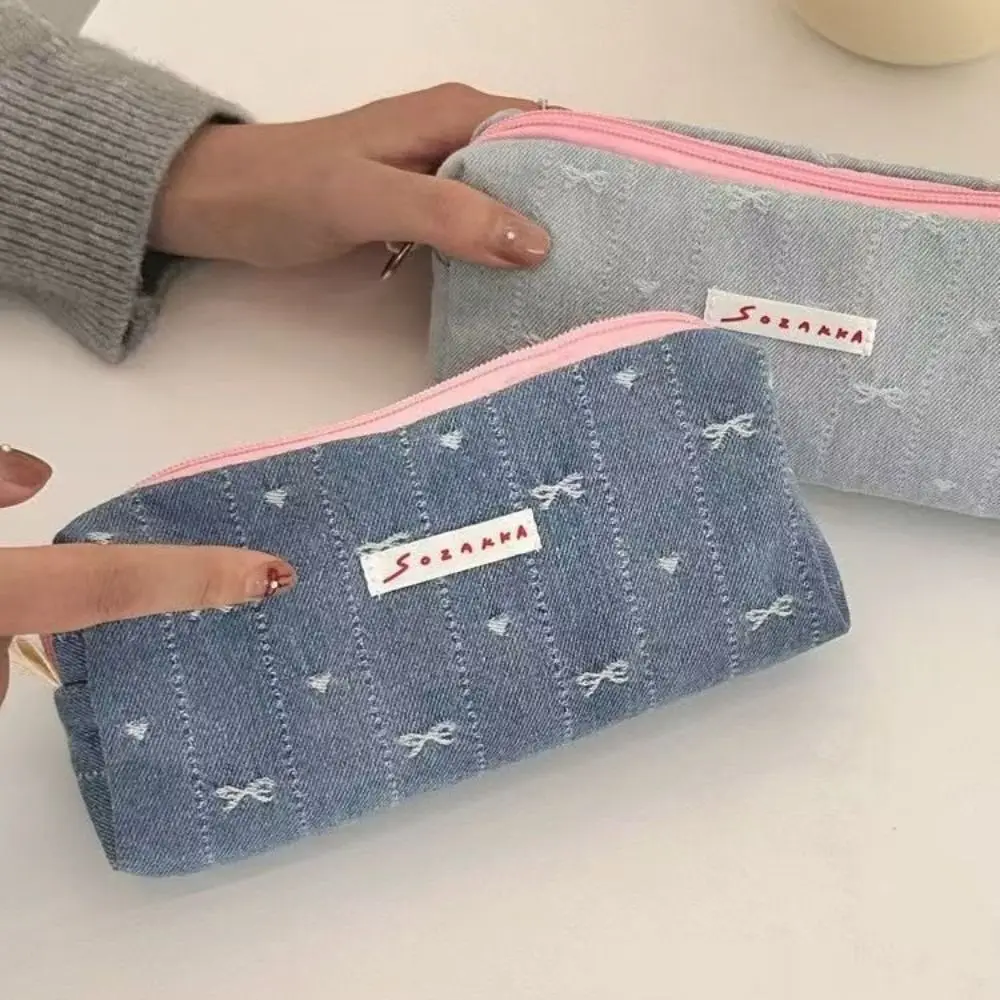 

New Denim Pen Bag Bowknot Pattern Large Capacity Pencil Case Portable Pen Box Gift