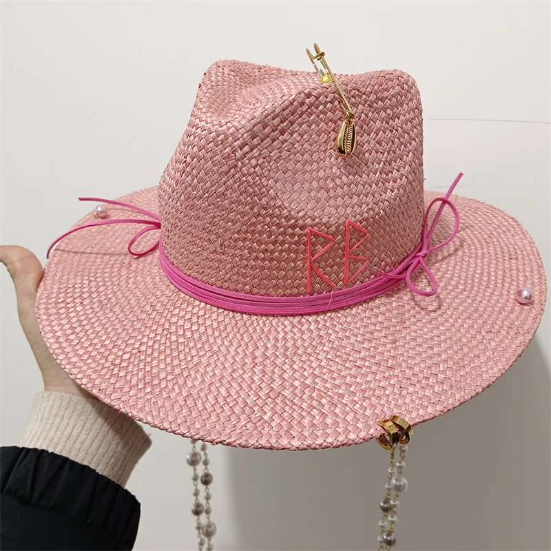 Peach pink straw hat letter handmade design hat pearl chain summer sun hat new letter hat beach women gorras para hombres