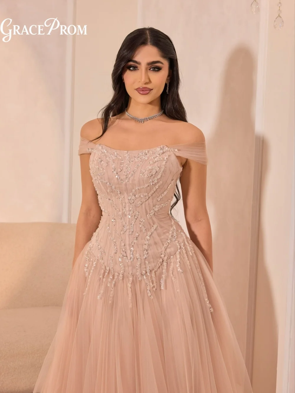 

Chic Blush Tulle Party Dress Off Shoulder Sheer Bodice Beaded Corset Flowing A Line Evening Gown For Wedding Guests فساتين سهرة