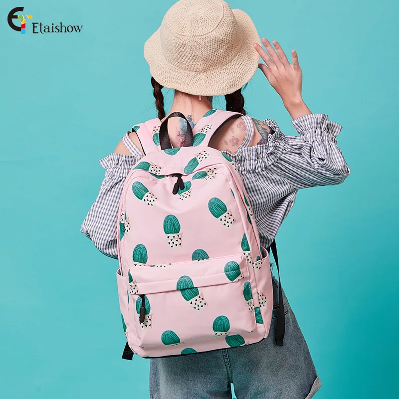 

New cactus printed backpack, female junior high school student schoolbag, large-capacity casual backpack