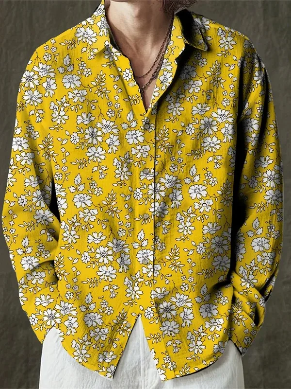 

Men's Small White Flower All Over Print Long Sleeve Shirt Bohemian Yellow Button Up Brand New Blouses Hawaiian Beach Tunics Male