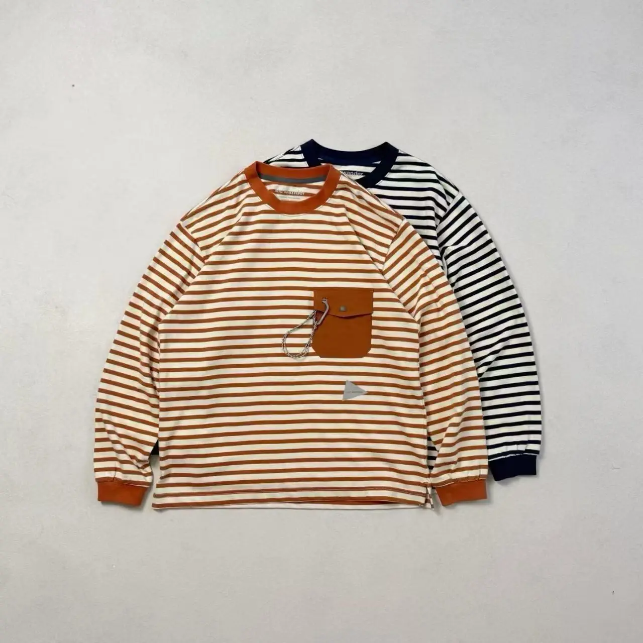 And Wander Mountain Outdoor Retro Heavyweight Striped Long Sleeve Shirt Unisex Loose Color Block Pocket Knitted Tee Top