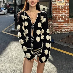 Women's French Vintage Knit Cardigan Black White 3D Crocheted New Round Neck Lace-up Sweet Long-sleeved Sweater Female