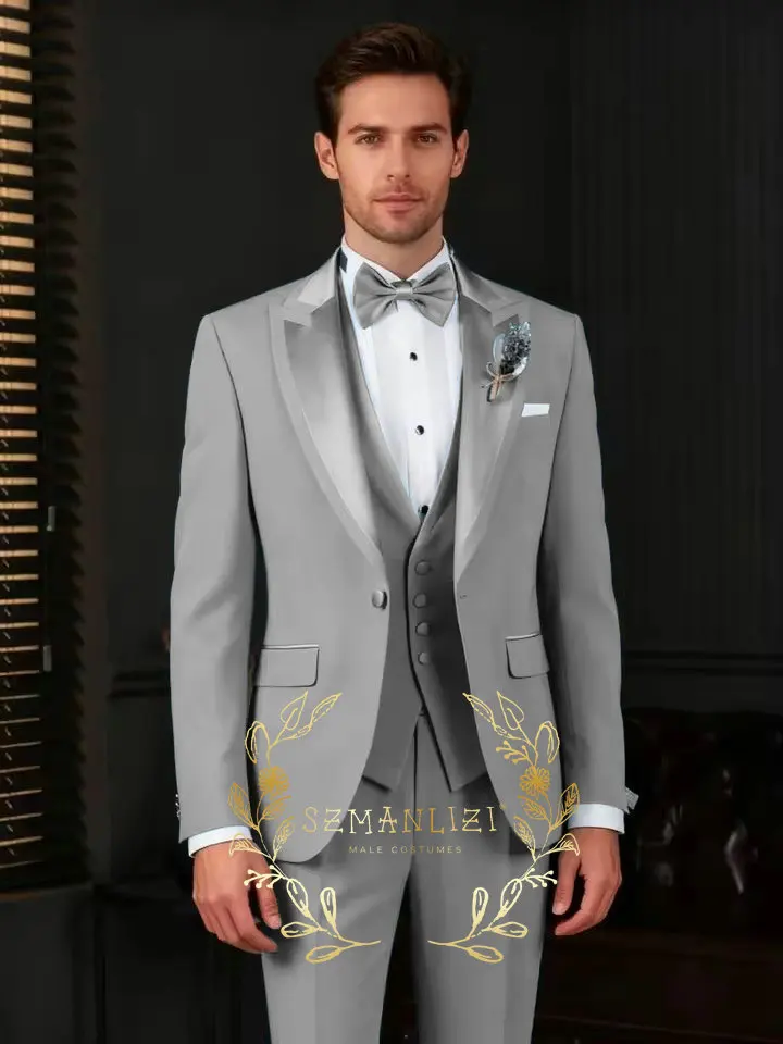 

Светло-серые мужские костюмы, комплект из 3 предметов, однобортные наряды с остроконечными лацканами, облегающие модные костюмы для жениха, официальные свадебные костюмы
