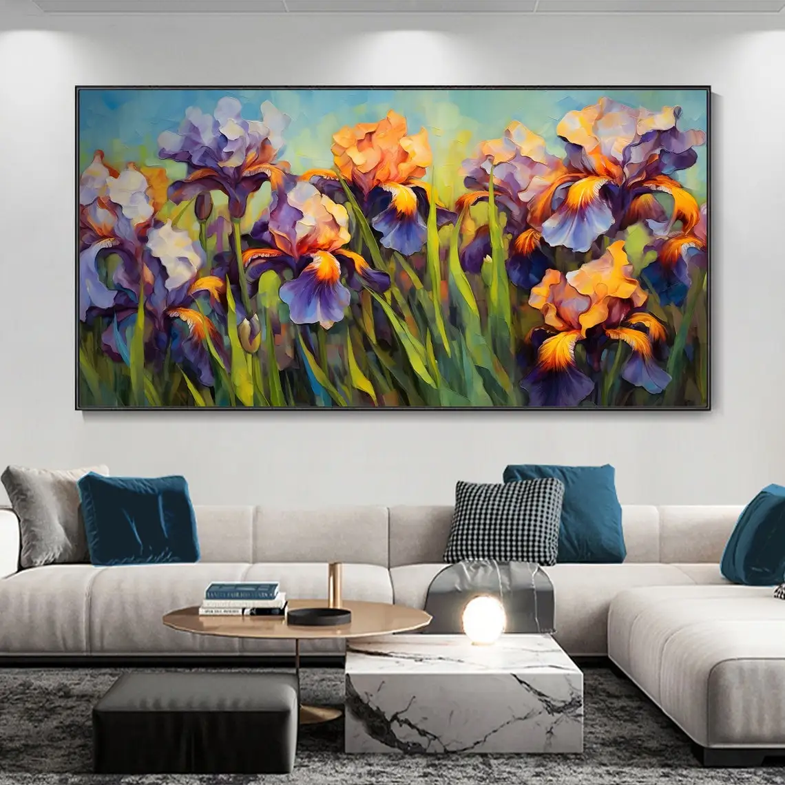 

Boho Bloom Flower Field Landscape Painting Large Colorful Textured Hand Knife Painting Abstract Purple Iris Canvas Oil Painting