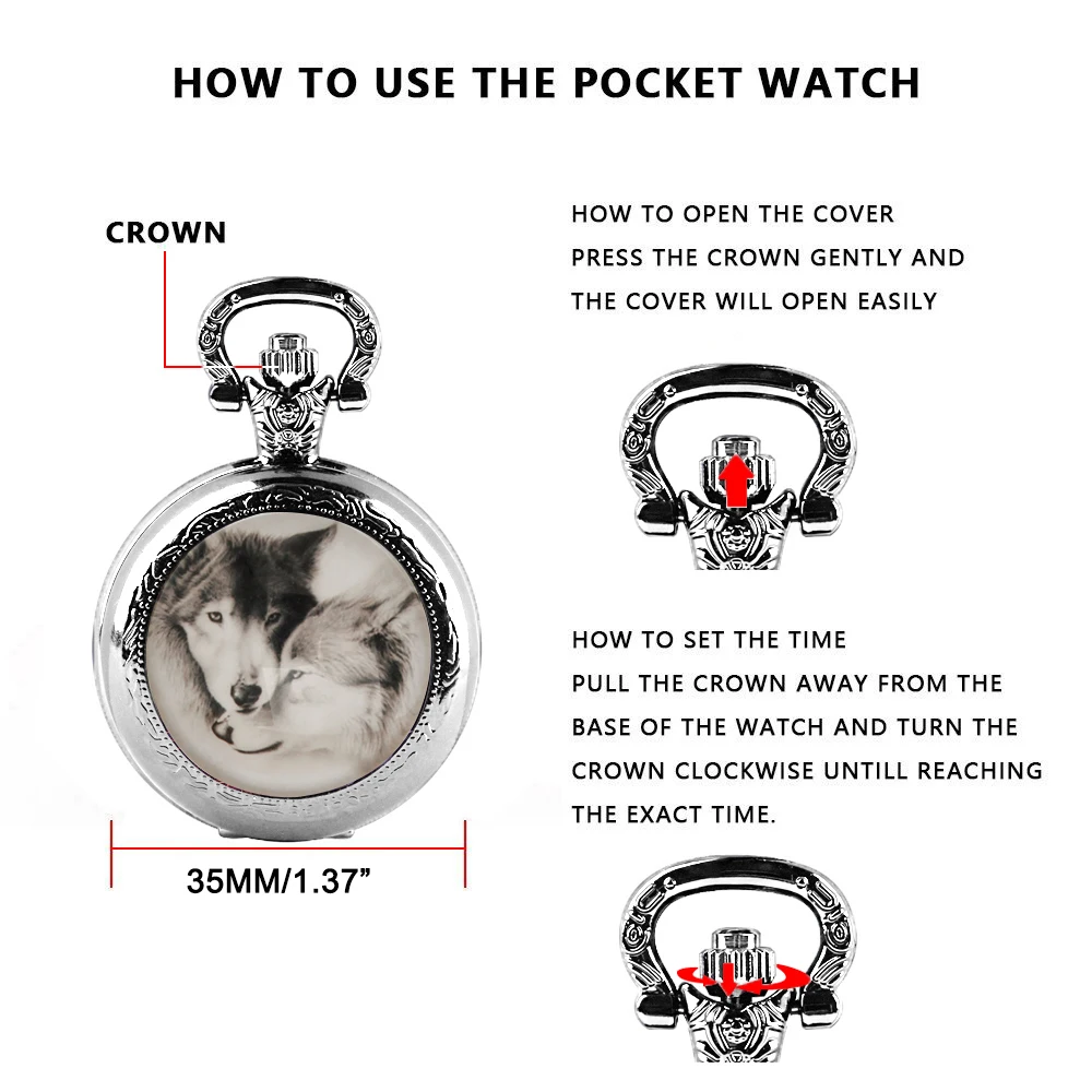 شخصية الموضة الفضة الفولاذ المقاوم للصدأ كول الذئب زجاج قبة ساعة جيب كوارتز قلادة النساء الرجال طفل دلاية مجوهرات هدية