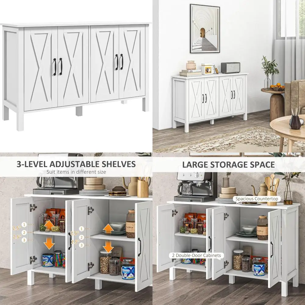 Wide 55 Tall Kitchen Pantry Cabinet with Microwave Stand, Farmhouse Style Storage Hutch for Coffee Bar