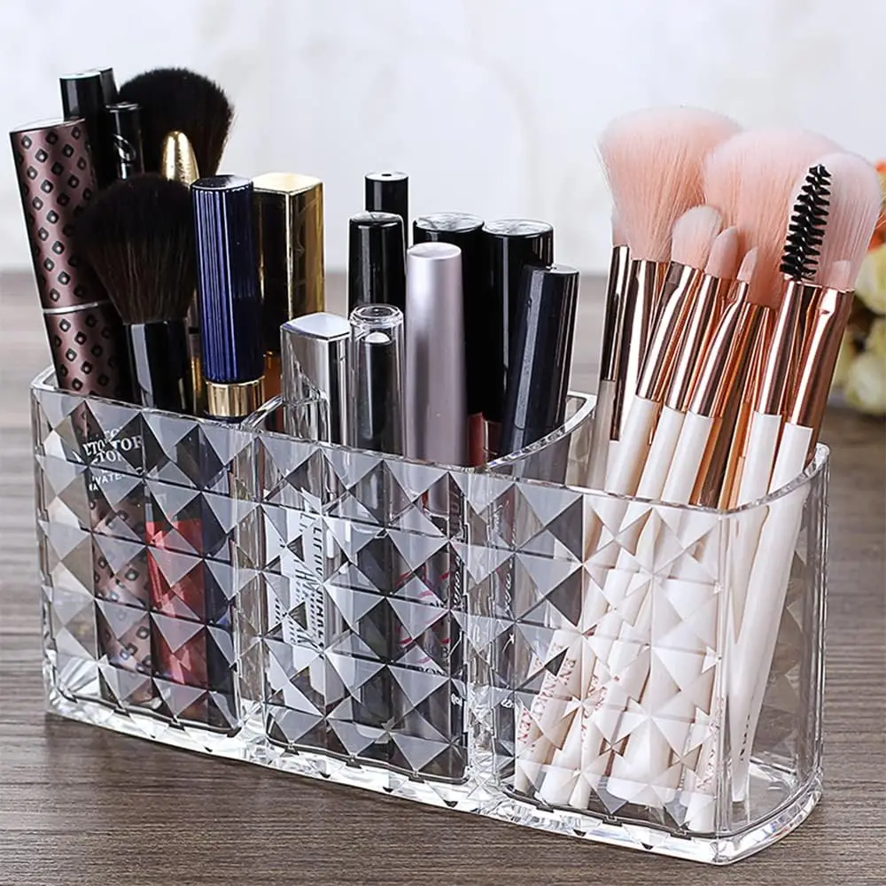 Organisateur cosmétique, porte-brosse de maquillage en cristal à 3 compartiments pour eye-liners, rouge à lèvres, mascara, rangement de maquillage en acrylique pour le bain