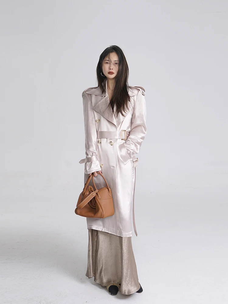 

Классический женский ацетатный атласный плащ-ветровка Akimbo, длинное пальто Ele White, облегающее, весенняя мода, корейский стиль, с завышенной талией