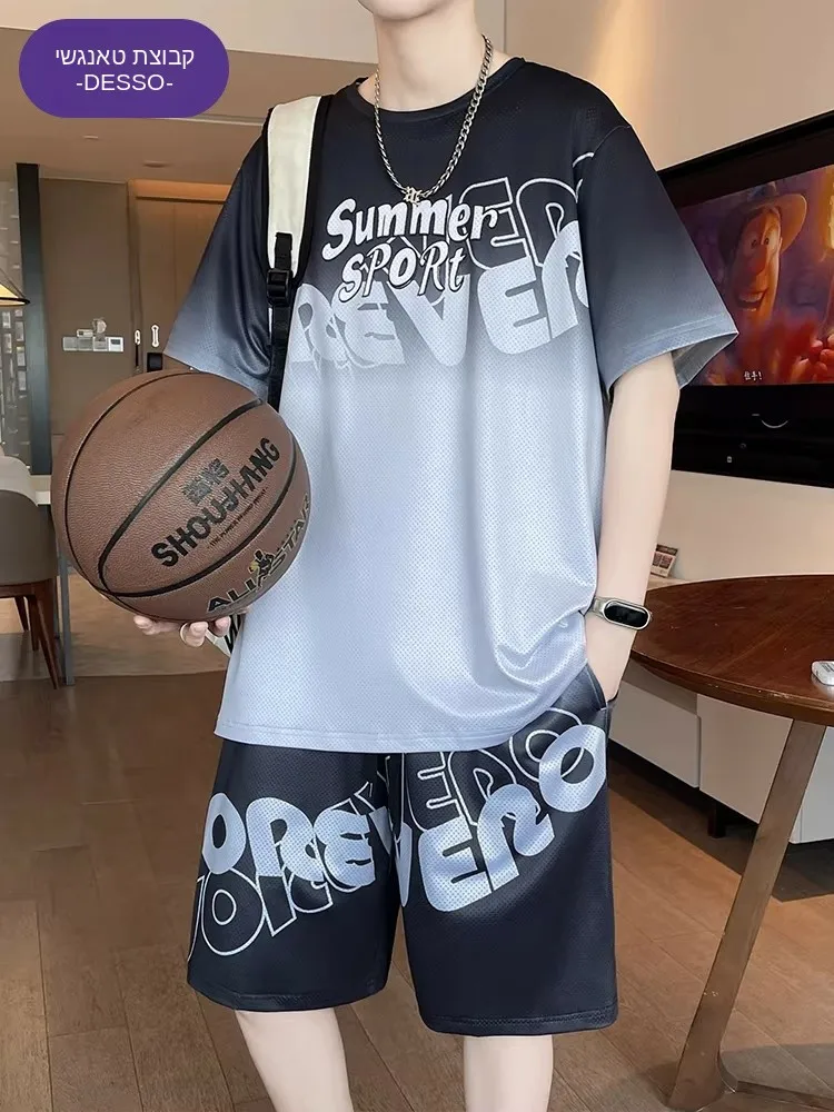 desso-basketball-uniform-set-men's-summer-loose-ice-silk-thin-casual-sportswear-t-shirt-shorts-five-quarter-polyester-fiber