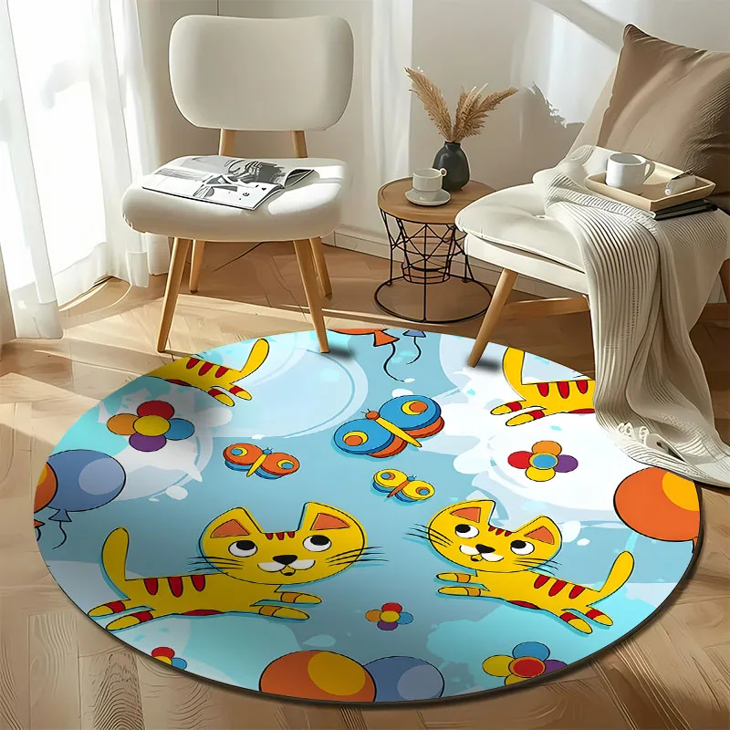 

Cute Cartoon Yellow Cats Round Rug Kids Room Pattern with Balloons Butterflies Non-Slip carpet for Toddler Bedroom Decor mat