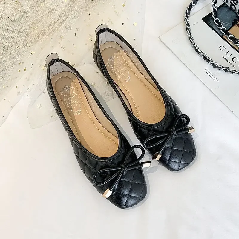 Sepatu Perahu Kasual Wanita Sepatu Balet Flat Kain Lentur Simpul Kupu-kupu Bersirkulasi Jari Kaki Persegi Loafers Rendah